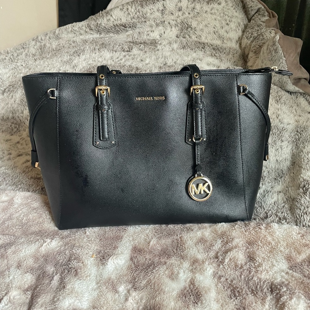 Michael Kors Black Leather Tote with Gold Accents